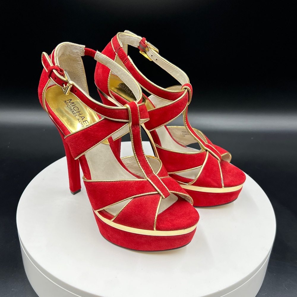 MICHAEL KORS Red and Gold Heels